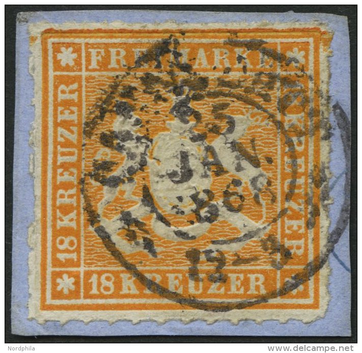 WÜRTTEMBERG 34 BrfStk, 1867, 18 Kr. Orangegelb, K1 CANNSTATT, Prachtbriefstück, Gepr. U.a. Drahn, Mi. (1000.-) - Other & Unclassified