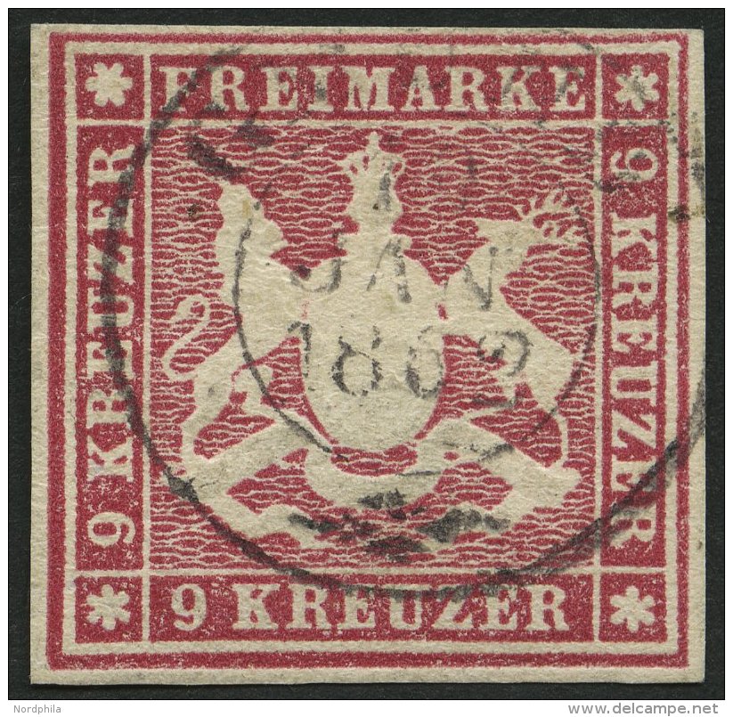 WÜRTTEMBERG 14a O, 1859, 9 Kr. Hellkarmin, K2 GMÜND, Pracht, Gepr. Pfenninger, Mi. 100.- - Other & Unclassified