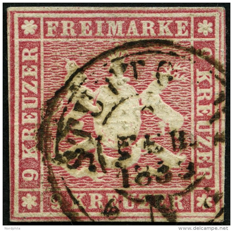 WÜRTTEMBERG 9a O, 1857, 9 Kr. Karminrosa, Vollrandig, Pracht - Other & Unclassified