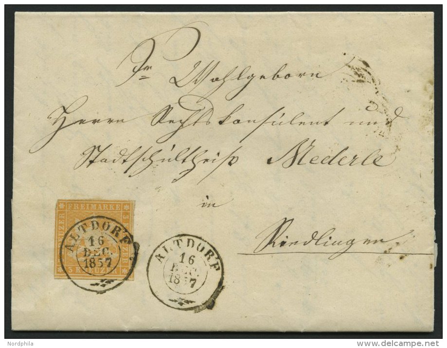 WÜRTTEMBERG 7c BRIEF, 1857, 3 Kr. Orange (dreiseitig Breitrandig) Auf Brief Mit K2 ALTDORF, Pracht, Gepr. Irtenkauf - Other & Unclassified