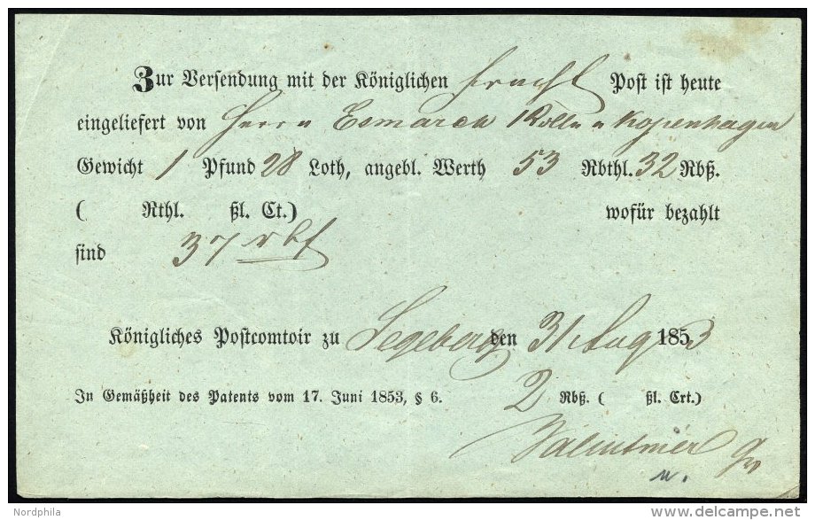 SCHLESWIG-HOLSTEIN SEGEBERG, Handschriftlich Auf Einlieferungsschein (1853), Pracht - Prephilately