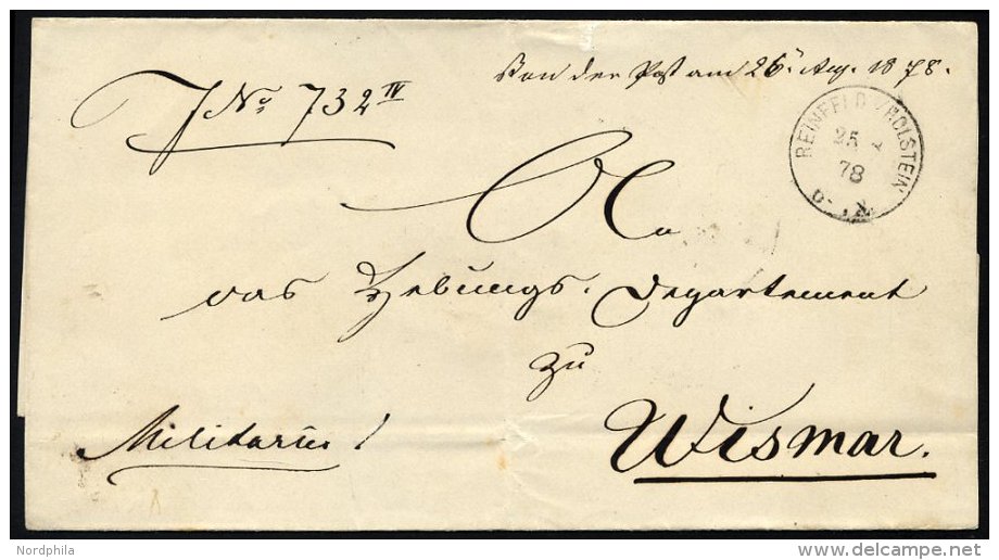 SCHLESWIG-HOLSTEIN REINFELD HOLSTEIN, K1 Auf Militaria-Briefhülle (1878) Nach Wismar, Pracht - Prephilately