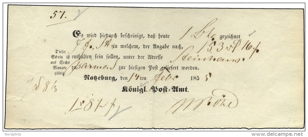 SCHLESWIG-HOLSTEIN RATZEBURG, Ortsdruck Auf Einlieferungsschein (1855), Feinst - Prephilately