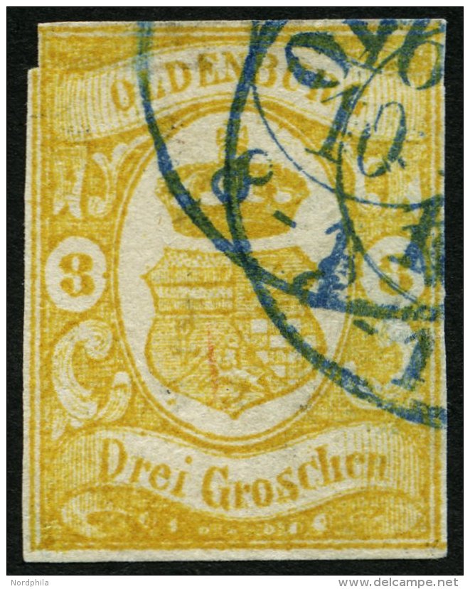 OLDENBURG 14 O, 1861, 3 Gr. Graugelb, Oben Links Kleiner Schnittfehler Sonst Pracht, Gepr. Brettl, Mi. 550.- - Oldenbourg