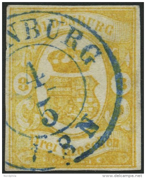 OLDENBURG 14 O, 1861, 3 Gr. Gelb, Blauer K2 OLDENBURG, Allseits Voll-breitrandig, Kleine Rückseitige Unauffäll - Oldenburg
