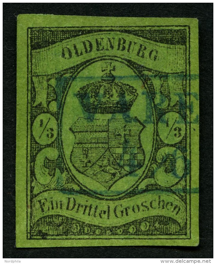 OLDENBURG 5 O, 1859, 1/3 Gr. Schwarz Auf Grünlicholiv, Blauer R2 VAREL, Repariert Wie Pracht, Gepr. U.a. Krause, La - Oldenbourg