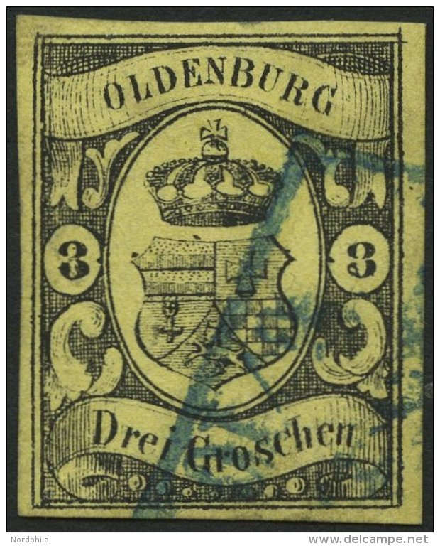 OLDENBURG 8 O, 1859, 3 Gr. Schwarz Auf Graugelb, Farbfrisch, Pracht, Gepr. Drahn, Mi. 750.- - Oldenburg