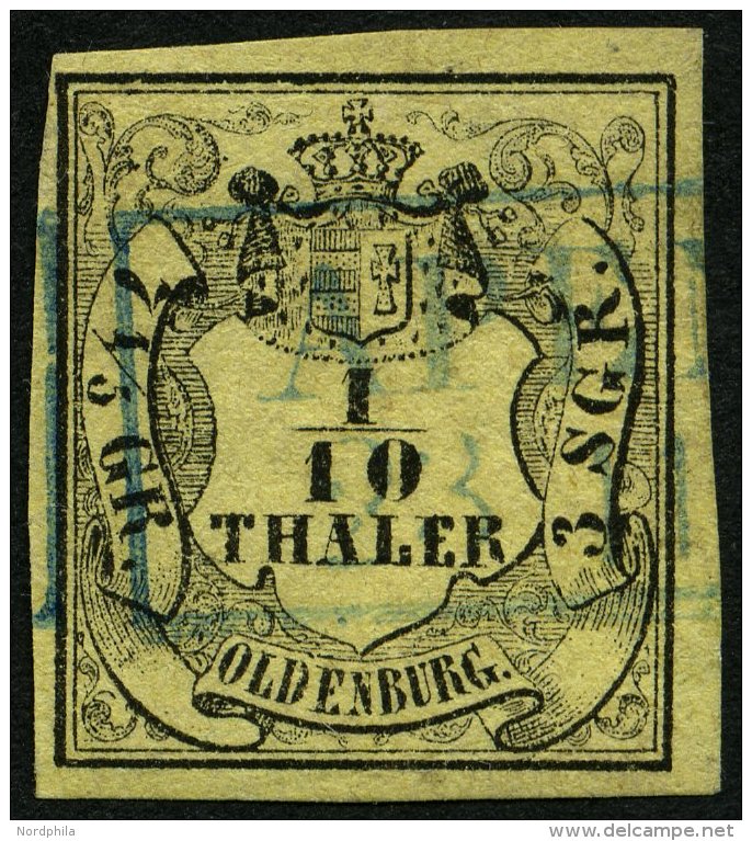 OLDENBURG 4a O, 1852, 1/10 Th. Schwarz Auf Hellgelb, Blauer R2 APEN, Pracht, Gepr. Pfenninger, Mi. 120.- - Oldenburg