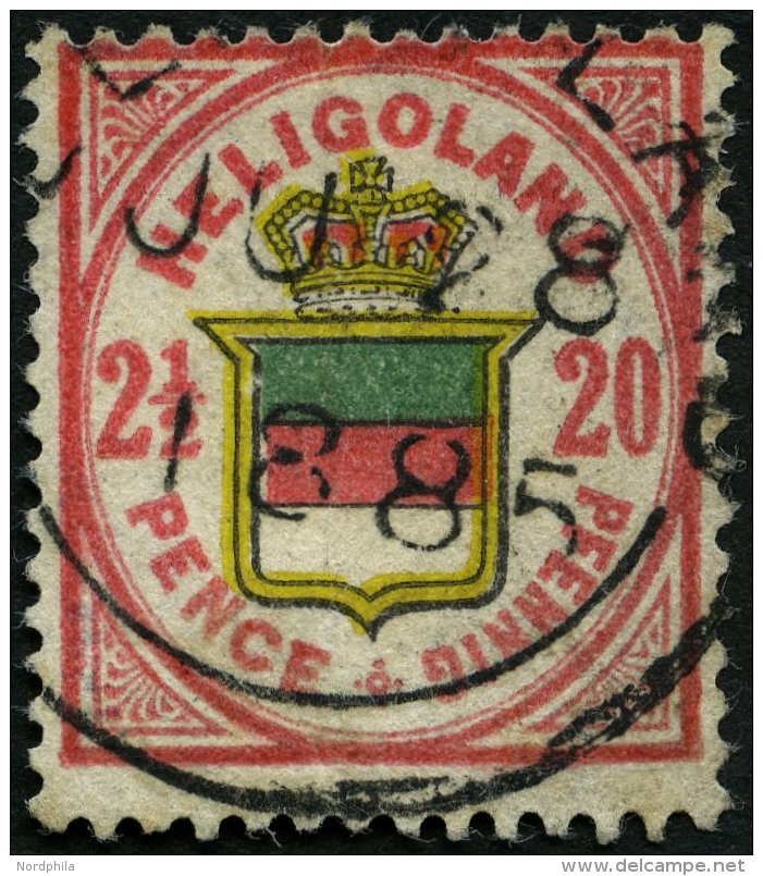 HELGOLAND 18d O, 1884, 20 Pf. Lebhaftrot/graugelb/graugrün, Seltener Rundstempel Type IV, Feinst, Fotobefund Schulz - Héligoland