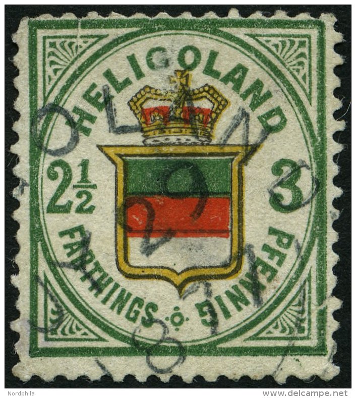 HELGOLAND 17b O, 1877, 3 Pf. Grün/orange/zinnoberrot, Rundstempel, Starke Mängel, Fein, Gepr. U.a. W. Engel, M - Heligoland