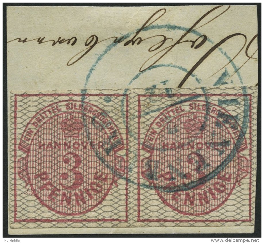 HANNOVER 8b Paar BrfStk, 1856, 3 Pf. Karmin, Grau Genetzt, Im Waagerechten Paar, Mit Blauem K2 VIENENBURG, Kabinettbrief - Hanovre