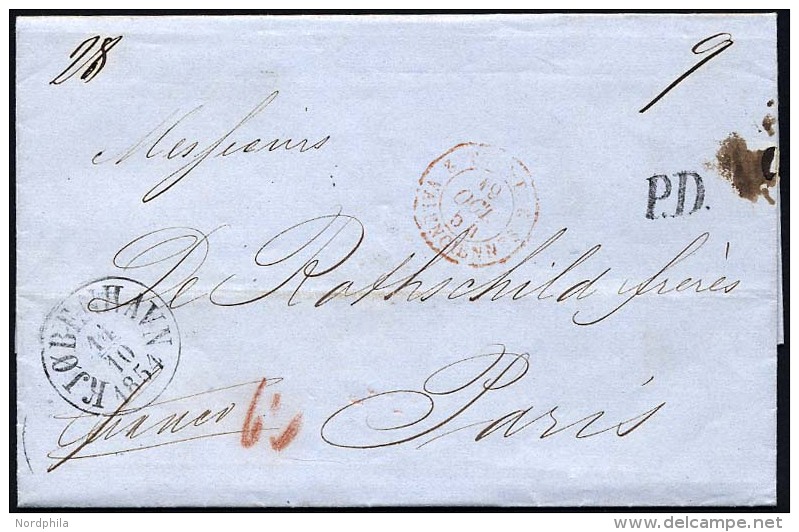 HAMBURG - GRENZÜBERGANGSSTEMPEL 1856, P.D., Schwarzer L1 Auf Brief Von Copenhagen (K1) Nach Paris, Rückseitig - [Voorlopers