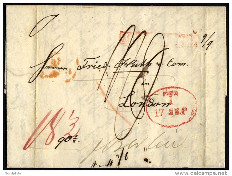 HAMBURG - GRENZÜBERGANGSSTEMPEL 1844, T 17 SEP, In Rot Auf Brief Von Meuritz (Polen) Nach London, Roter, Nicht Lesb - [Voorlopers