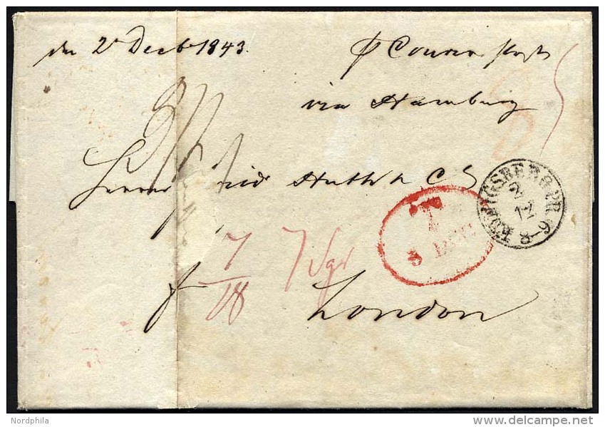 HAMBURG - GRENZÜBERGANGSSTEMPEL 1843, T 5 DEC, In Rot Auf Brief Von KÖNIGSBERG (K1) Nach London, Rückseit - [Voorlopers