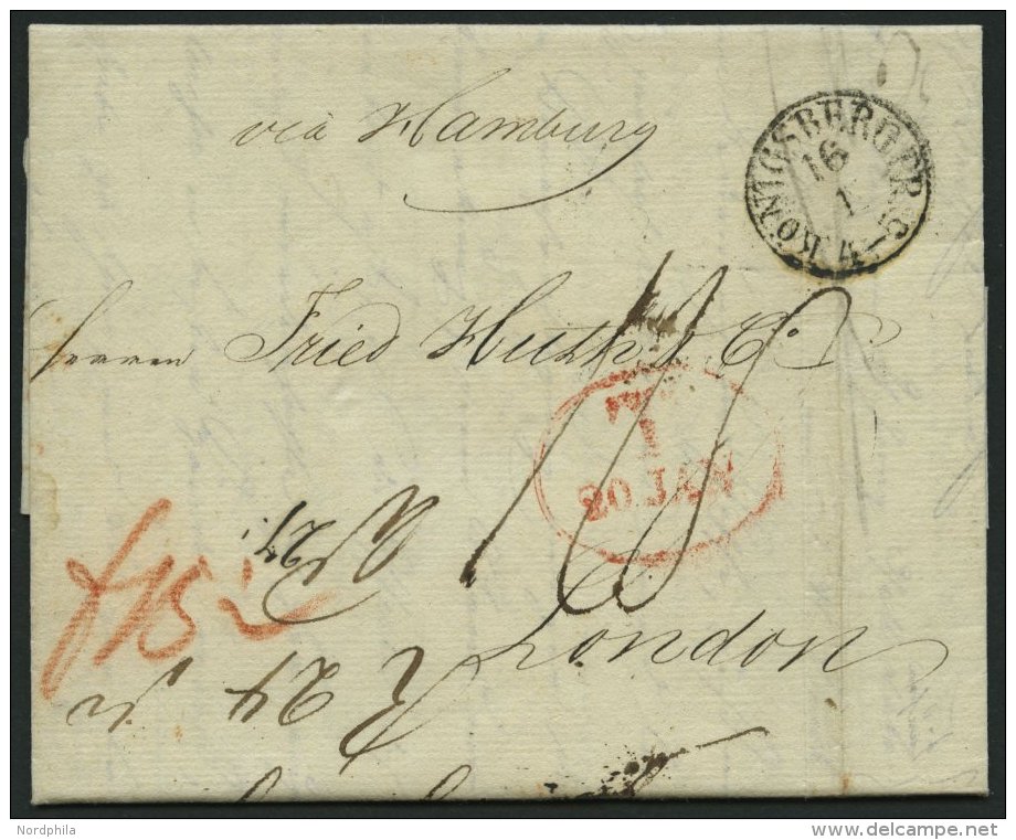HAMBURG 1843, T 20 JAN, Rote Sonderform Auf Brief Von Königsberg (kleiner K1) Nach London, Handschriftlich Via Hamb - Prephilately