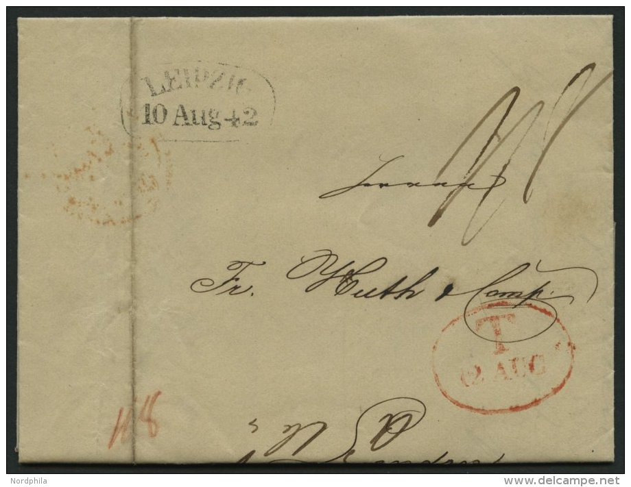 HAMBURG - GRENZÜBERGANGSSTEMPEL 1842, T 12 AUG, In Rot Auf Brief Von Leipzig (Sonderform) Nach London, Rücksei - Prephilately