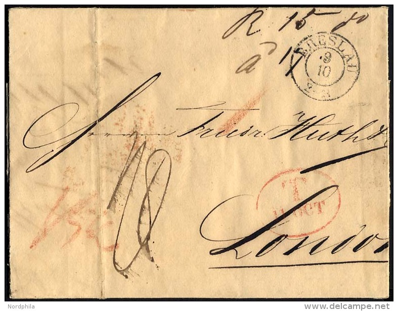 HAMBURG 1842, T 11 OCT, Rote Sonderform Auf Brief Von Breslau (K2) Nach London, Rückseitiger Durchgangsstempel Von - Prephilately