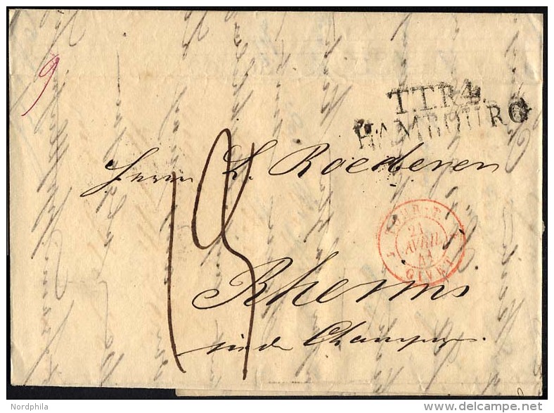 HAMBURG - THURN UND TAXISCHES O.P.A. 1841, TT.R.4. HAMBOURG, L2 Auf Forwarded-Letter Von Göteburg Nach Rheims, Rote - Prephilately