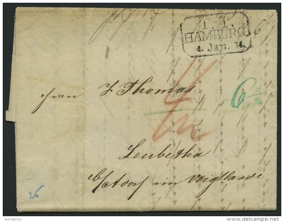 HAMBURG TT PA 1834, T.T. HAMBURG, R3 Auf Brief Nach Leubetha Im Voigtlande, Pracht - [Voorlopers