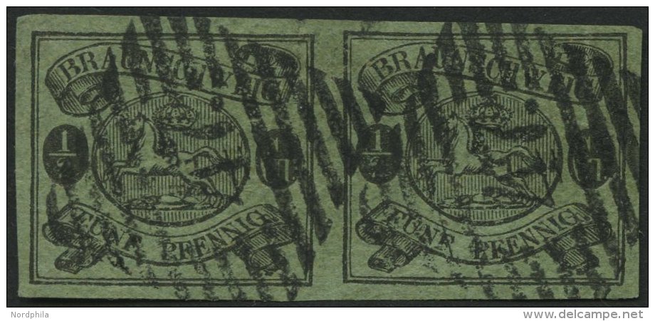 BRAUNSCHWEIG 10Ax Paar O, 1863, 1/2 Gr. Schwarz Auf Lebhaftgraugrün Im Waagerechten Paar (1 Mm Vortrennschnitt Im R - Brunswick