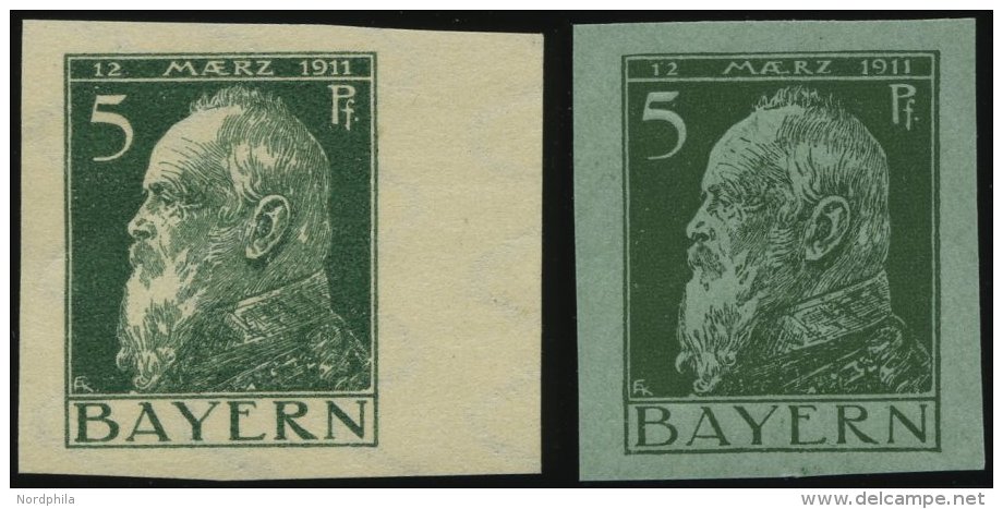 BAYERN 77PU **, 1911, 5 Pf. Luitpold, 2 Ungezähnte Probedrucke Auf Grünem Und Weißem Papier, 2 Prachtwer - Other & Unclassified
