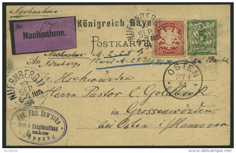 BAYERN 56By,P 38 BRIEF, 1894, 10 Pf. Karminrot, Als Zusatzfrankatur Auf 5 Pf. Ganzsachenkarte, Nachnahmekarte Von N&Uuml - Altri & Non Classificati