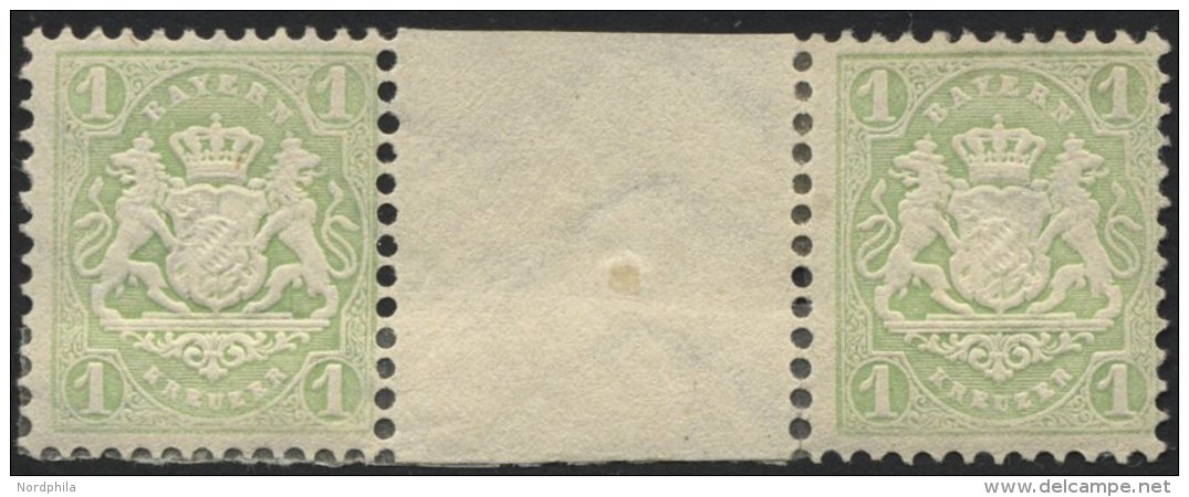 BAYERN 32cZW *, 1875, 1 Kr. Mattgrün Im Waagerechten Zwischenstegpaar, Falzreste, Feinst (angetrennt), Gepr. Pfenni - Other & Unclassified