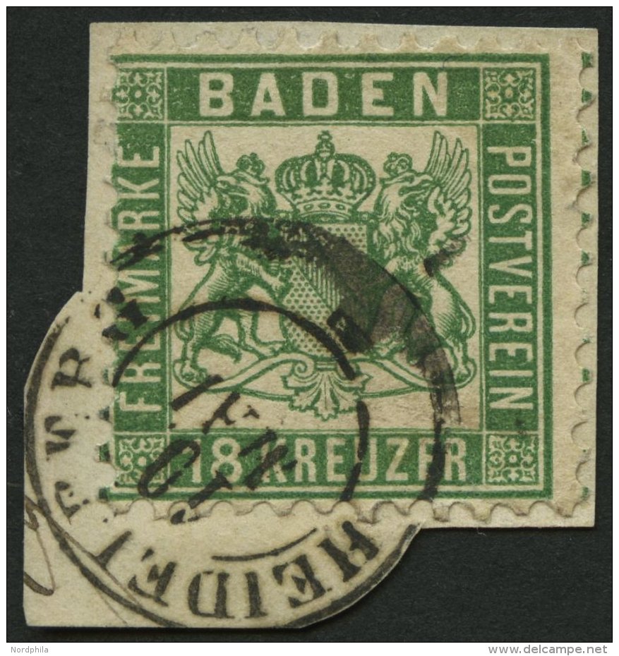 BADEN 21a BrfStk, 1862, 18 Kr. Grün, K2 HEIDELBERG, Auf Briefstück, Feinst (unten Kleines Rißchen), Kurz - Altri & Non Classificati