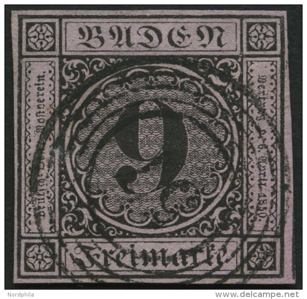 BADEN 4a O, 1851, 9 Kr. Schwarz Auf Altrosa, Nummernstempel 57, Allseits Breitrandig, Pracht - Autres & Non Classés