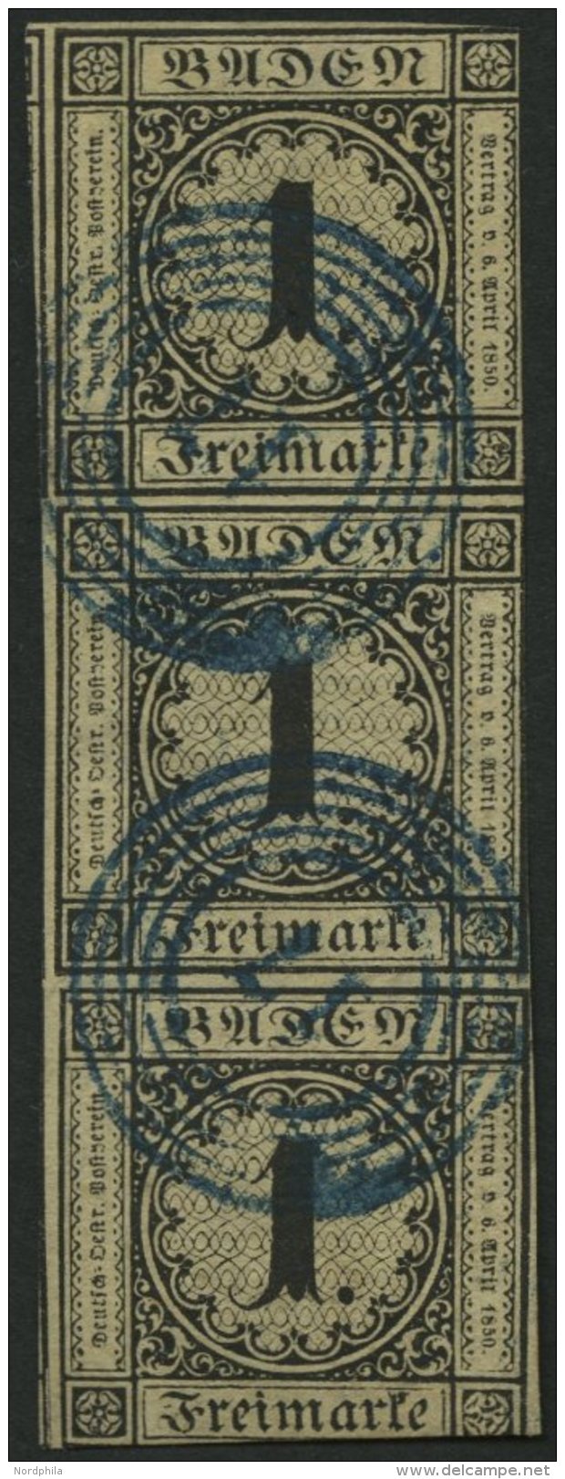 BADEN 1a O, 1851, 1 Kr. Schwarz Auf Sämisch Im Senkrechten Dekorativen Dreierstreifen, Blauer Nummernstempel 17 (BO - Altri & Non Classificati