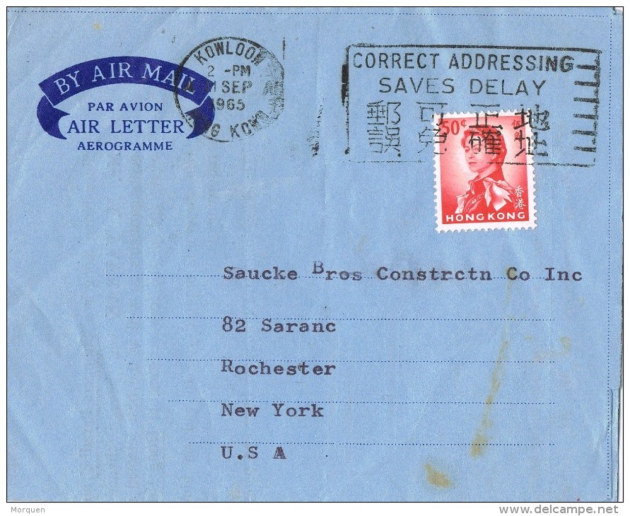 19807. Aerograma KOWLOON (Hong Kong) 1965. Sloga Address. Air Letter - Storia Postale