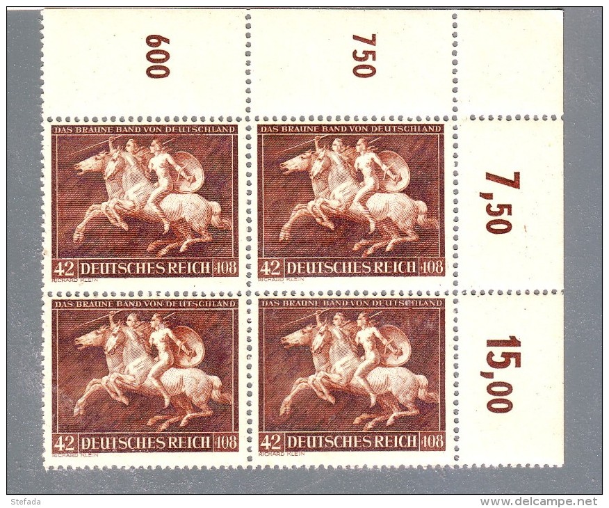 DEUTSCHLAND GERMANY GERMANIA REICH 1941Mi.780 DAS BRAUNE BAND OTTAVO NASTRO BRUNO   VIERBLOCK  MNH** - Neufs