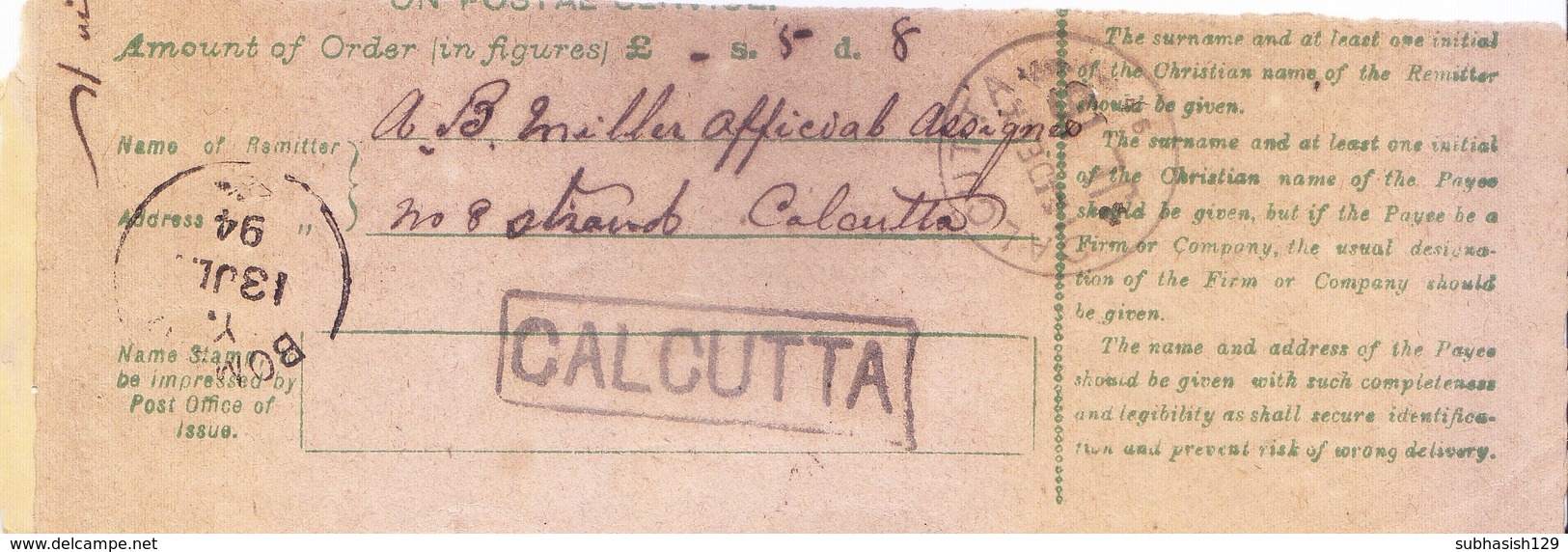 BRITISH INDIA - 1894 RECEIPT WITH CALCUTTA CANCELLATION IN RECTANGULAR - 1882-1901 Empire