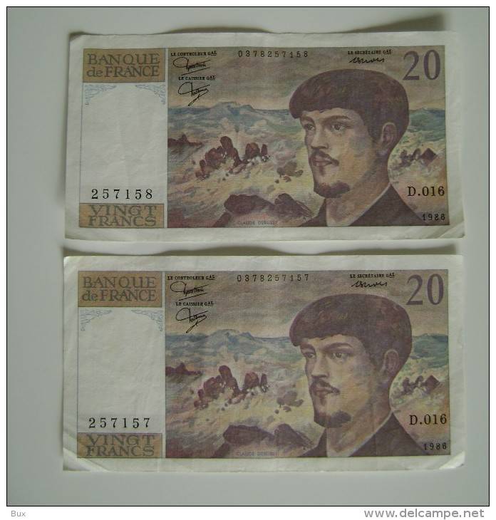 2 BILLET SERIE   CONSECUTIVE BANQUE DE FRANCE 20 FRANCS DEBUSSY ANEE 1986   FRANCS    FRANCAISE - 20 F 1980-1997 ''Debussy''