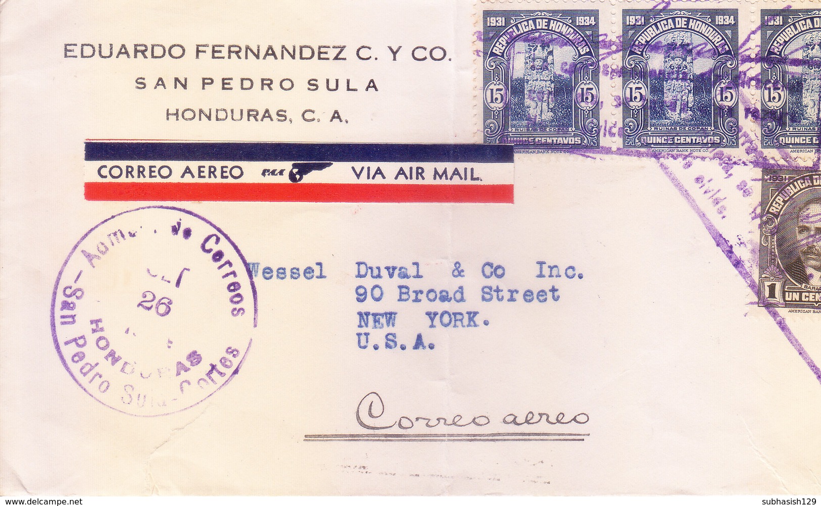 HONDURAS AIRMAIL COVER POSTED FOR U. S. A. - Honduras
