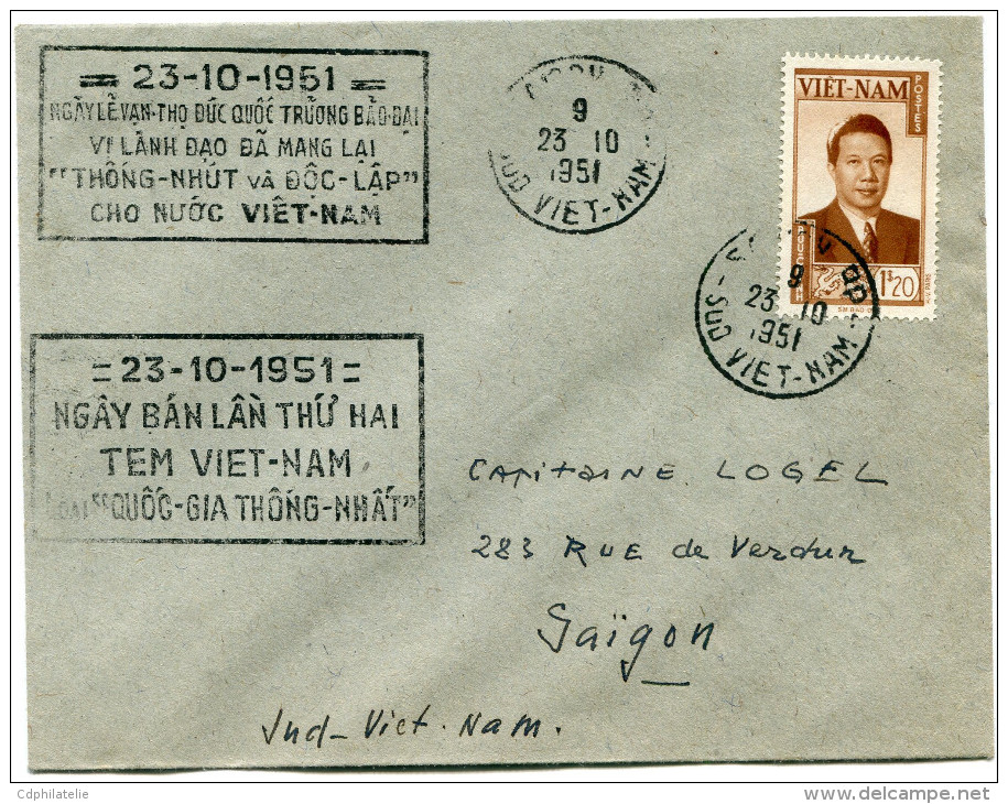 VIETNAM LETTRE AVEC CACHET "23-10-1951 NGAYLEVAN-THO DUC QUOC TRUONG BAO-DAI VI LANH DAO BA MANG LAI "THONG.." - Viêt-Nam