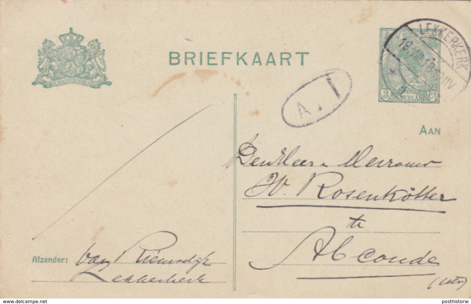 Briefkaart 18 Aug 1918 Lekkerkerk *1* (typerader Langebalk) - Poststempel