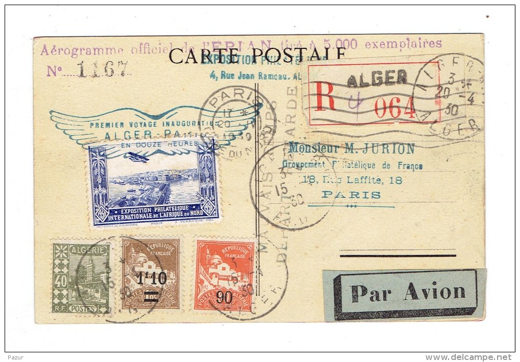 CP ALGERIE - RECOMMANDE PAR AVION - 1ER VOYAGE INAUGURAL ALGER-PARIS EN 12H - 1930 - TB - Airmail