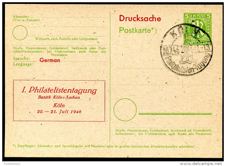 BRITISCHE ZONE P904 ZC Postkarte ZUDRUCK PHILATELISTENTAGUNG KÖLN Sost. 1946 - Behelfsausgaben Britische Zone