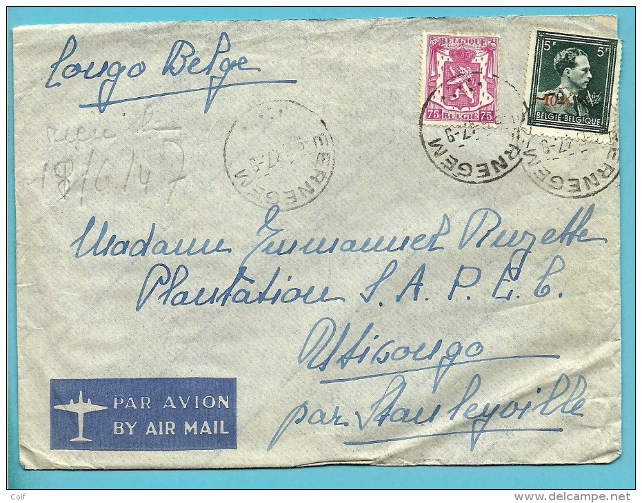 713+724T (-10%) Op Brief Per Luchtpost (avion) Met Stempel EERNEGEM Naar CONGO-BELGE - 1946 -10%