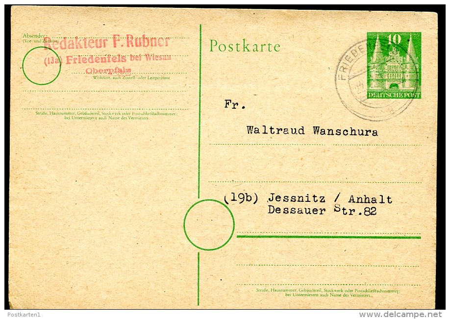 BIZONE P2 II Postkarte Vordruck 24 Mm Friedenfels - Jessnitz 1949  Kat. 12,00 € - Storia Postale