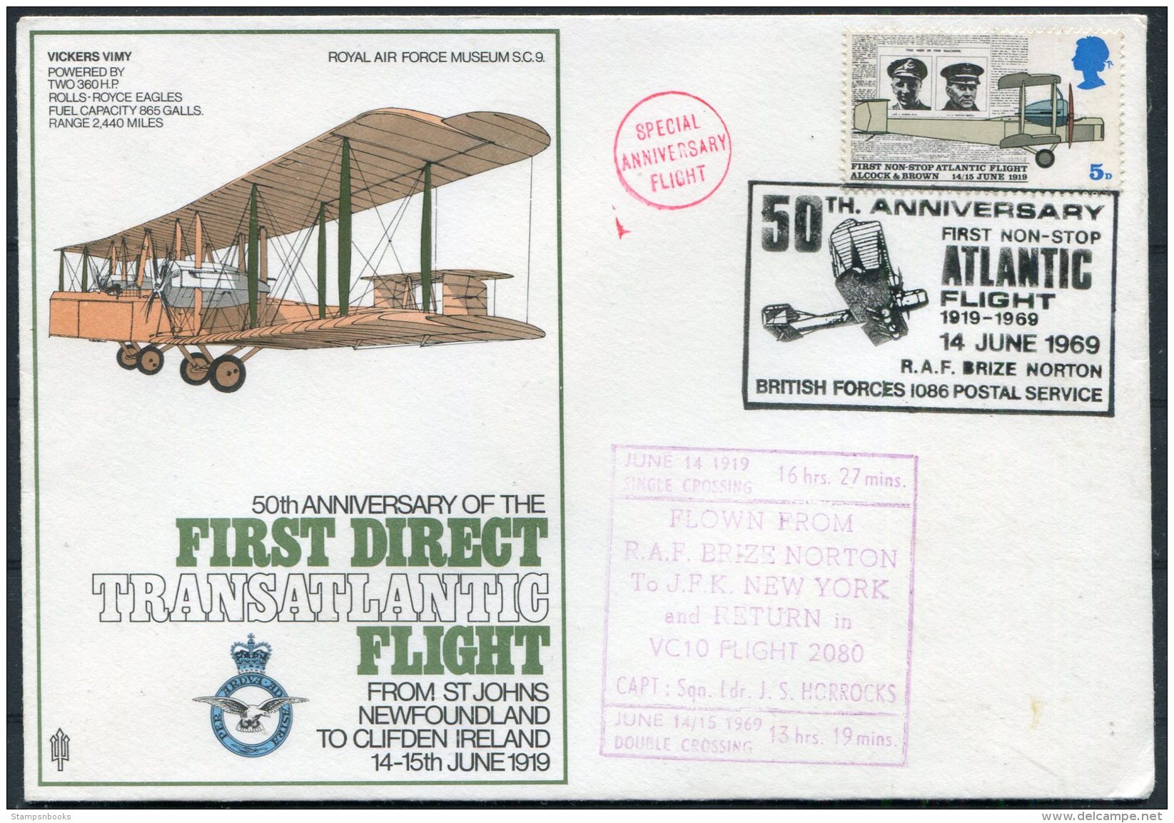 1969 GB Royal Air Force Museum Cover SC 9 / RAF Brize Norton BFPS Transatlantic Flight Newfoundland Vickers Vimy Clifton - Covers & Documents