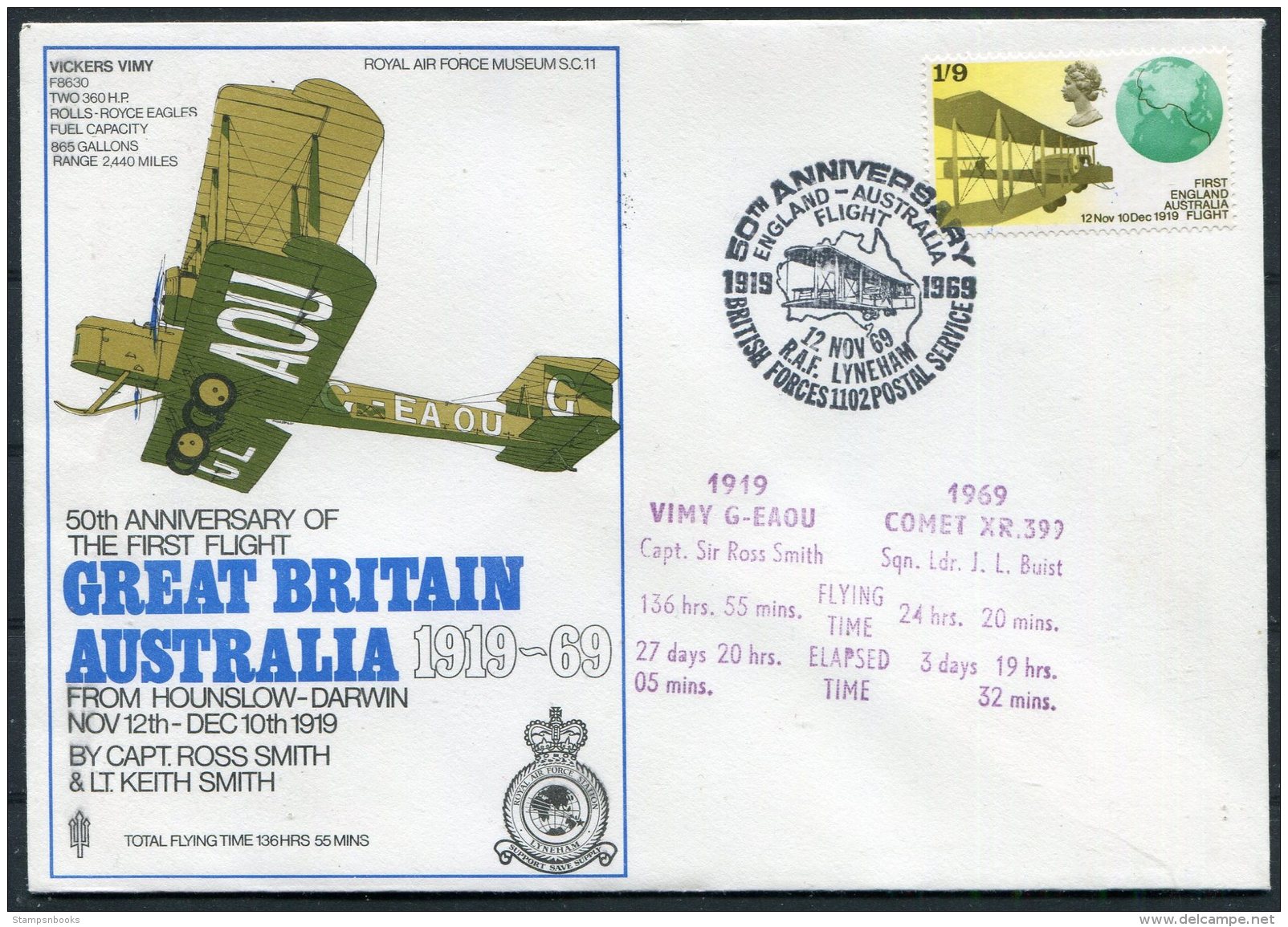 1969 GB Royal Air Force Museum Cover SC 11 / Darwin Australia Vickers Vimy BFPS RAF Lyneham Singapore - Covers & Documents