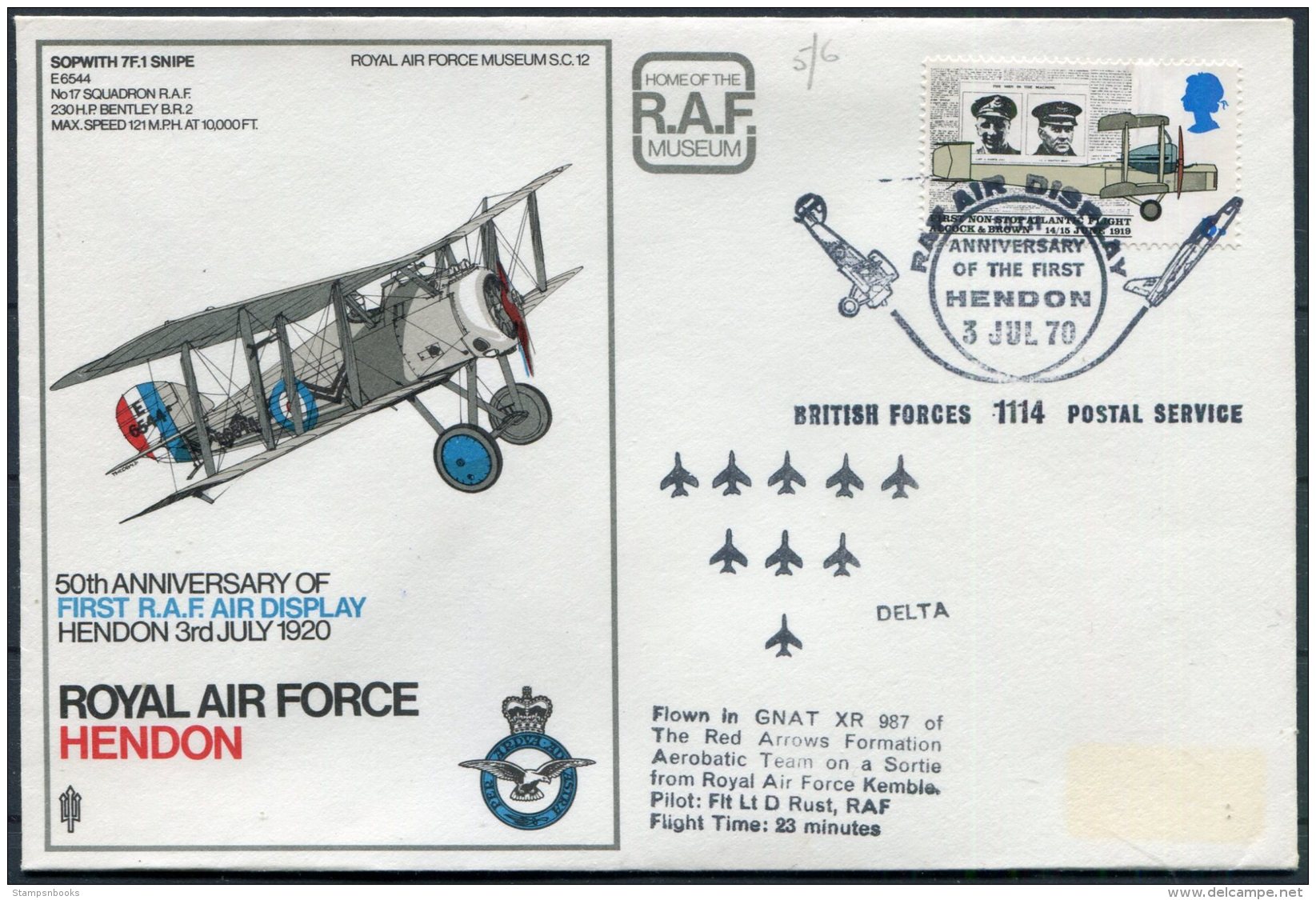 1970 GB Royal Air Force Museum Cover SC 12 / Sopworth Snipe BFPS RAF Hendon Red Arrows Delta - Covers & Documents