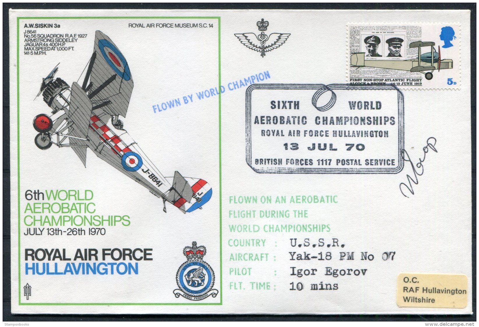 1970 GB Royal Air Force Museum Cover SC 14 / BFPS RAF Hullavington Aerobatic Championships SIGNED USSR Egorov Yak 18 - Covers & Documents