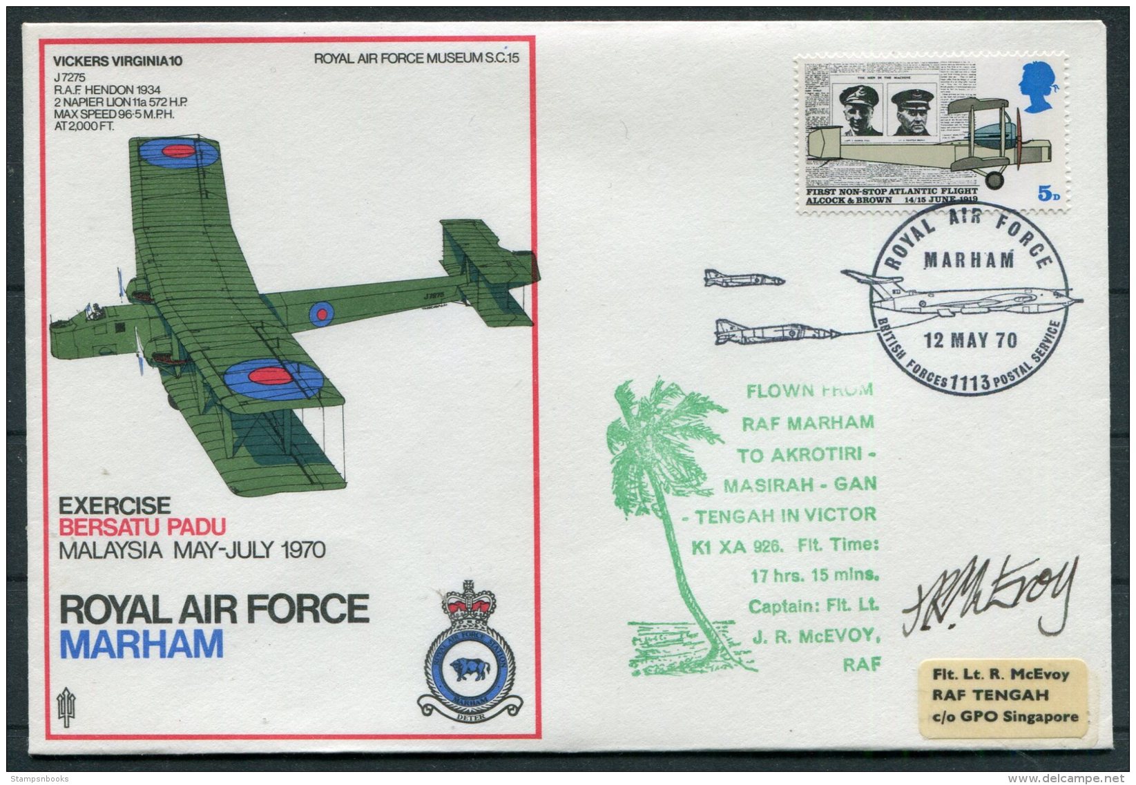 1970 GB Royal Air Force Museum Cover SC 15 / BFPS RAF Marham Akrotiri Tengah Singapore SIGNED - Covers & Documents