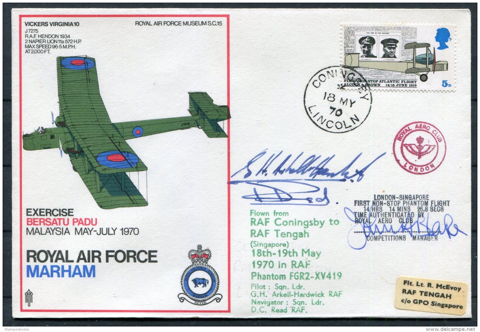 1970 GB Royal Air Force Museum Cover SC 15 / RAF Marham Akrotiri Tengah Singapore SIGNED RAF Coningsby - Covers & Documents