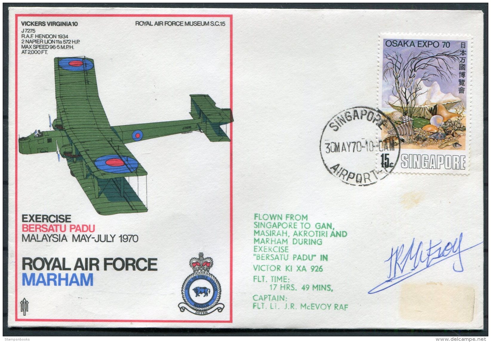 1970 GB Royal Air Force Museum Cover SC 15 / RAF Marham Akrotiri Tengah Singapore SIGNED - Covers & Documents