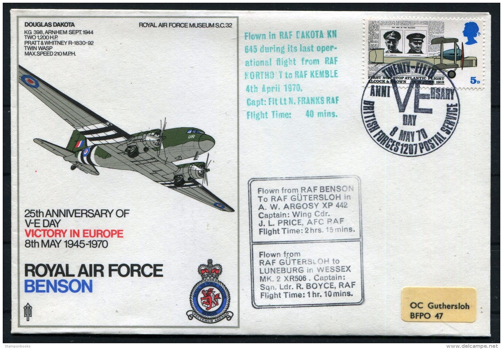 1970 GB Royal Air Force Museum Cover SC 32 / RAF Benson Northolt BFPS VE Day, Douglas Dakota, Arnhem Gutersloh Luneburg - Covers & Documents