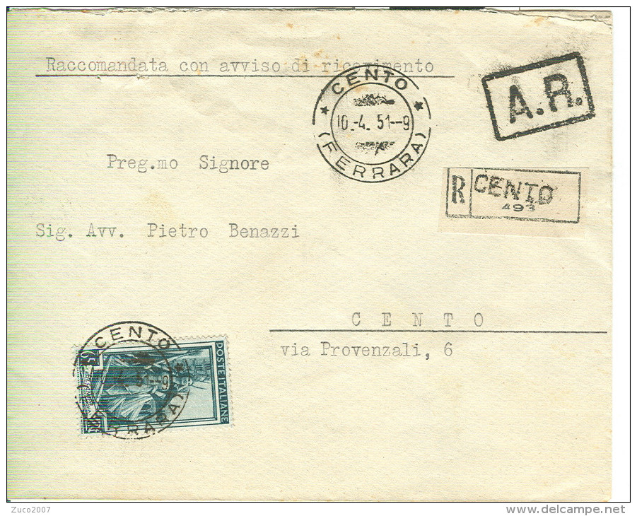 LAVORO £.65, TARIFFA LETTERA RACCOMANDATA,1951, TIMBRO POSTE CENTO  (FERRARA) - - 1946-60: Marcophilia